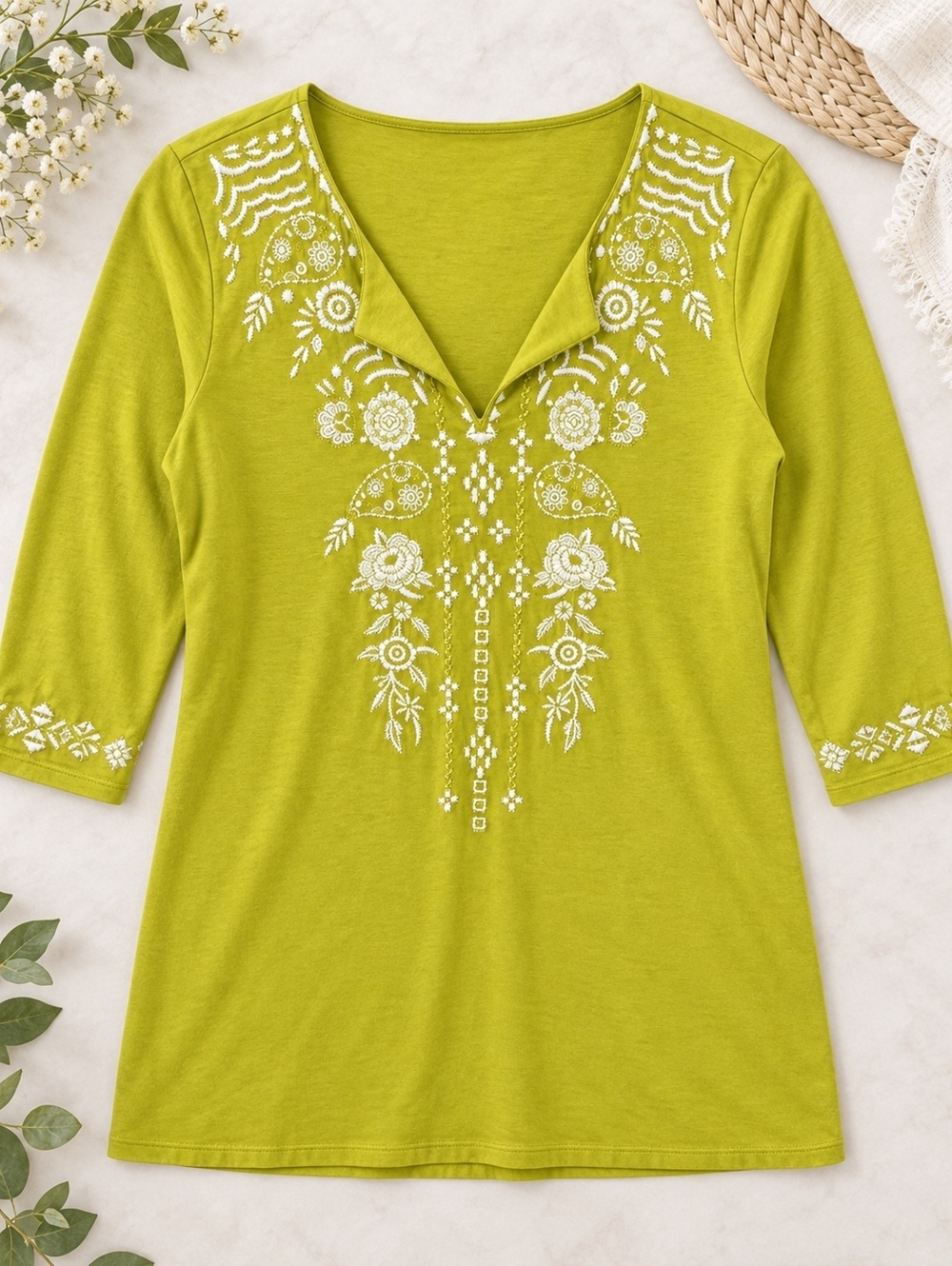 J.Jill Green Embroidered 3/4 Sleeve Top XS